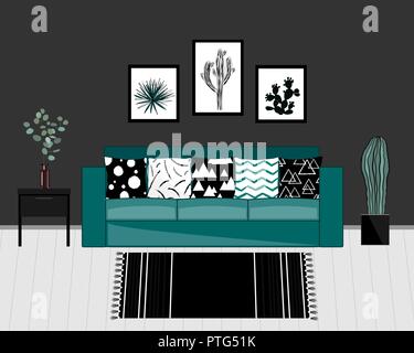 Salon de style scandinave avec intérieur noir et blanc, bleu tapis canapé avec coussins ornementées, accueil les plantes, et mur gris foncé. Vector illustr Illustration de Vecteur