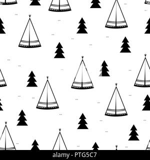 Tipi, tente amérindienne modèle homogène. Les wigwams en forêt de sapins. Vector illustration, noir et blanc Illustration de Vecteur