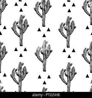 Modèle vectoriel continu cactus Saguaro et triangless avec résumé. Tissu cactus print design. Surface textile succulentes. Hand drawn vector illustrat Illustration de Vecteur