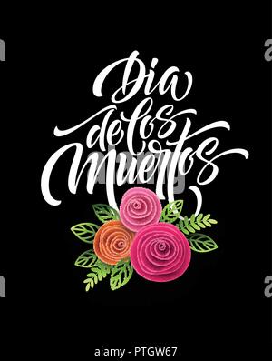 Le Jour des morts. Fleurs mexicaine la broderie traditionnelle avec la typographie des lettres. Lettrage Floral Dia de los Muertos. Vector illustration Illustration de Vecteur