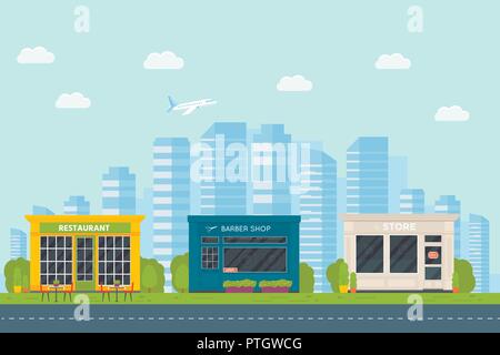 Ensemble d'extérieur design plat vecteur restaurants et magasins façade : le salon de coiffure, d'un supermarché. Store fenêtre icônes bâtiments avant avec l'arrière-plan de la ville. Illustration de Vecteur