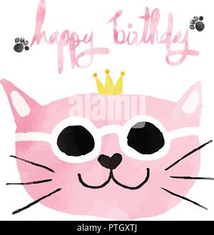 Rose aquarelle chat drôle avec couronne happy birthday card Illustration de Vecteur