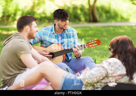 Les amis à jouer de la guitare à pique-nique au parc d'été Banque D'Images