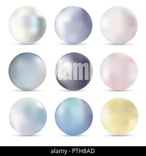 Pearls ensemble réaliste vector illustration isolé sur fond blanc avec l'ombre. Pierres précieuses, bijoux de qualité. Beaux orbes 3d Illustration de Vecteur