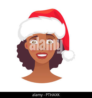 Femme de Noël à santa claus hat. Émotions d'african american woman face. Illustration de l'expression faciale Banque D'Images