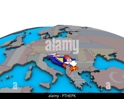 L'ex-Yougoslavie avec des drapeaux nationaux sur globe 3D politique. 3D illustration. Banque D'Images