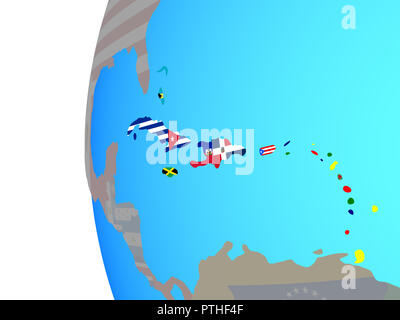 Caraïbes avec des drapeaux nationaux sur les politiques. globe bleu 3D illustration. Banque D'Images