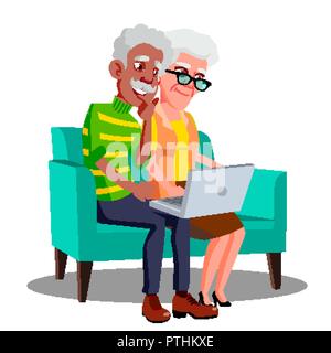 Multi Ethnic couple assis sur le canapé avec un ordinateur portable et de la Coupe du vecteur. Illustration isolé Illustration de Vecteur