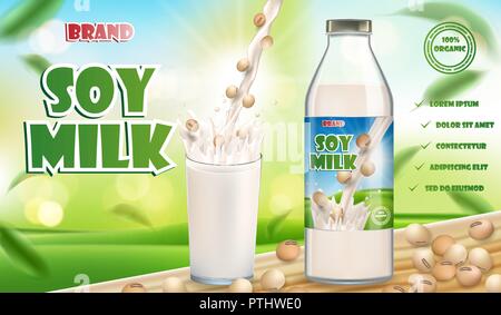 Bouteille et verre de lait de soja avec splash isolé sur table en bois avec bokeh. La conception de l'emballage des produits du lait de soja. Illustration 3D de vecteur Illustration de Vecteur