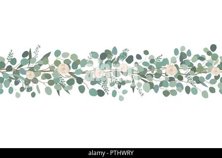 Frontière transparente élégante de roses et d'eucalyptus branches. Guirlande de fleurs. Vector illustration dessiné à la main. Arrière-plan blanc. Illustration de Vecteur