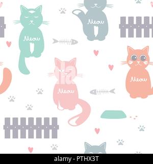 Cute cats modèle homogène. Palette pastel. Les chats, d'une clôture, d'alimentation et de cœurs Vector illustration Illustration de Vecteur