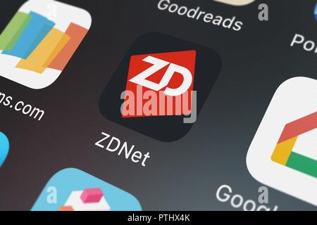 Londres, Royaume-Uni - Octobre 09, 2018 : Capture d'écran de CBS Interactive Application mobile de ZDNet. Banque D'Images