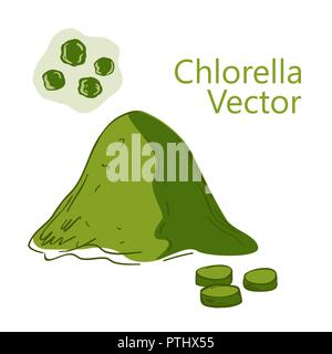 Superfood chlorella situé dans un style dessiné à la main. La chlorelle Poudre, comprimés, et les algues rouges. Les aliments sains. Objets isolés sur fond blanc. V Illustration de Vecteur