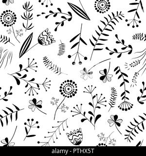 Vector Floral seamless pattern avec les herbes sauvages, les fleurs et les feuilles. Vintage blue fond botanique. Hnad appelée vecteur plantes Illustration de Vecteur