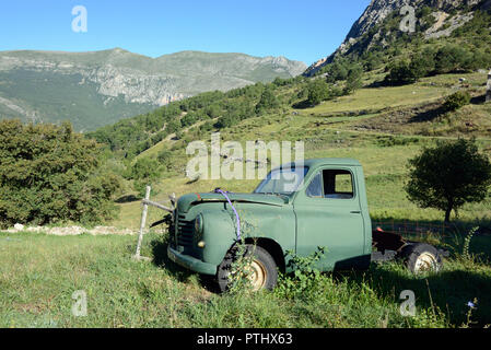 Abandonné Vintage Peugeot 203 pick up Truck (1948-1960) dans le paysage vert sur l'établissement Hill Farm à Taloire dans les gorges du Verdon Alpes France Banque D'Images