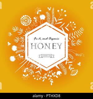Châssis avec du miel de fleurs et les abeilles. Illustration vecteur floral. Les plantes de prairie silhouette blanche Illustration de Vecteur