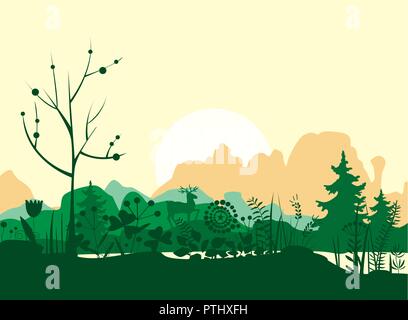 Matin d'été Paysage avec les cerfs et les montagnes lac. La forêt de montagne Télévision Vector Illustration. Gr Vector illustration. Illustration de Vecteur