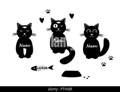 Ensemble avec trois chats drôles et thair de nourriture. Vector illustration noir et blanc Illustration de Vecteur