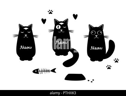 Ensemble avec trois chats drôles et thair de nourriture. Vector illustration noir et blanc Illustration de Vecteur