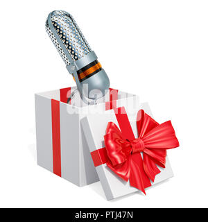 Boîte-cadeau avec microphone rétro, rendu 3D isolé sur fond blanc Banque D'Images