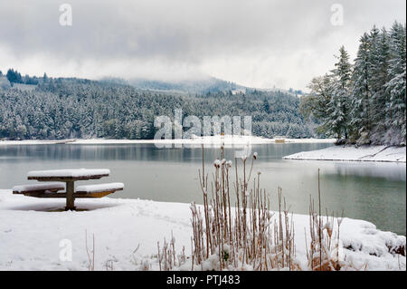 Une table de pique-nique couvertes de neige est situé sur la rive du lac Hagg Henry dans l'Oregon est le comté de Washington Banque D'Images