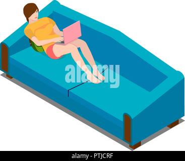 Un indépendant girl est le travail à domicile sur un ordinateur portable sur le canapé. L'isometrics girl sitting on sofa with laptop. Illustration de Vecteur