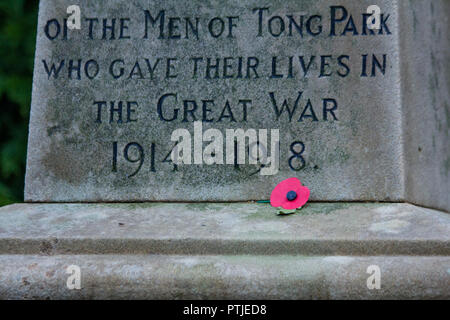 Un simple pavot rouge à la base d'un mémorial de la première guerre mondiale. Banque D'Images
