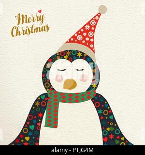 Joyeux Noël folk art illustration de carte de vœux. With santa hat pingouin, dans des couleurs festives. Vecteur EPS10. Illustration de Vecteur