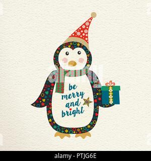 Joyeux Noël folk art illustration de carte de vœux. With santa hat pingouin, dans des couleurs festives. Vecteur EPS10. Illustration de Vecteur