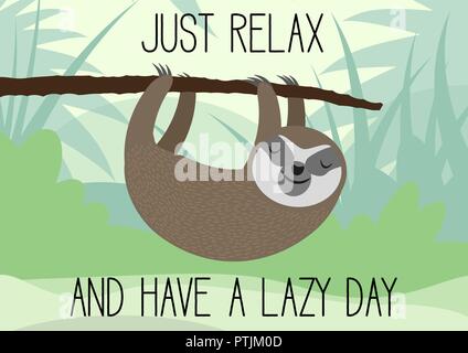 Sloth mignon hanging on tree branch carte de souhaits Illustration de Vecteur