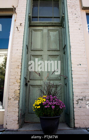 grande porte verte étroite à panneaux avec affichage fleuri en avant Banque D'Images