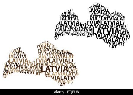 La Lettonie croquis texte lettre map, République de Lettonie - sous la forme du continent, la carte Lettonie - marron et noir vector illustration Illustration de Vecteur