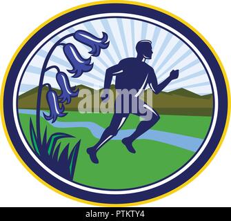 Retro style illustration d'un cross country marathon courir avec bluebells, rivière et montagne situé à l'intérieur sur fond ovale isolés. Illustration de Vecteur