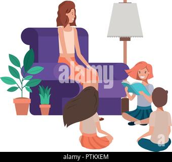 Femme avec des enfants dans la salle de séjour caractère avatar Illustration de Vecteur