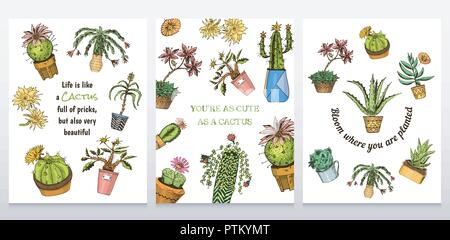 Ensemble de cartes cactus et succulentes modèle mignon. Autocollants pour les filles. Plantes d'affiches. kawaii mexicain cactus. gravé à la main. vector collection vintage style. Illustration de Vecteur