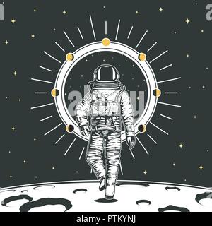 Spaceman astronaute cartes. Phases de Lune planètes de système solaire. d'astronomie galaxie espace. cosmonaut explorer aventure. gravés à la main dans de vieux croquis, vintage style pour étiquette ou T-shirt. Illustration de Vecteur