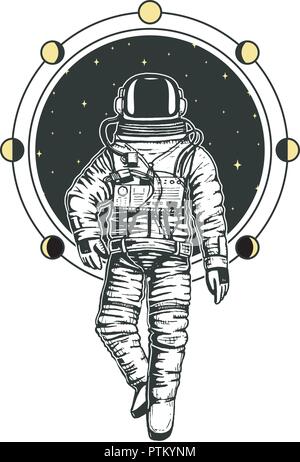Spaceman astronaute cartes. Phases de Lune planètes de système solaire. d'astronomie galaxie espace. cosmonaut explorer aventure. gravés à la main dans de vieux croquis, vintage style pour étiquette ou T-shirt. Illustration de Vecteur