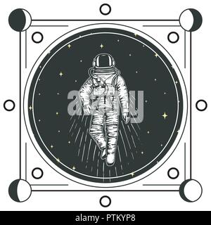 Spaceman astronaute cartes. Phases de Lune planètes de système solaire. d'astronomie galaxie espace. cosmonaut explorer aventure. gravés à la main dans de vieux croquis, vintage style pour étiquette ou T-shirt. Illustration de Vecteur
