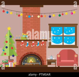 Cette chambre confortable à préparé pour la célébration de Noël et nouvel an. Illustration vectorielle, ensemble de décorations de Noël. Illustration de Vecteur