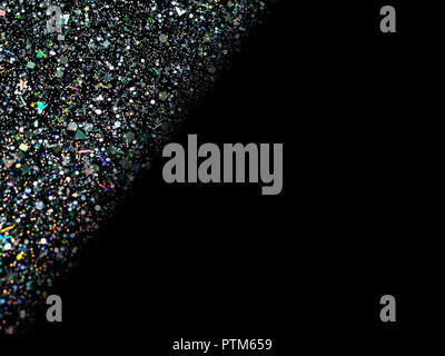 Paillettes holographiques sur fond noir avec l'exemplaire de l'espace. L'art abstrait multicolor glitter. Banque D'Images