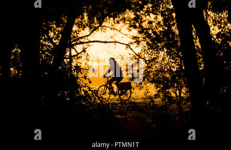 Hanovre, Basse-Saxe. 10 Oct, 2018. Un cycliste dans la brume du matin au lever du soleil. Credit : Julian Stratenschulte/dpa/Alamy Live News Banque D'Images