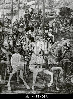 'Jornada de Túnez'. Expedición del Emperador Carlos V en juin 1535 para recuperar Túnez de las Manos del almirante otomano Barbarroja. La gravure a partir del fragmento de un tapiz de la serie titulada "Historia de la Conquista de Túnez' de la escuela flamenca (Palacio Real de Madrid). Detalle que représenta la arrivée a Barcelona del Emperador el 3 de abril de 1535 y la revista de las tropas el 14 de mayo, formada por païens caballeros. La Ilustración Española y Americana, mayo de 1876. Biblioteca Histórico Militar de Barcelone. Islas Baleares, España. La gravure. Banque D'Images