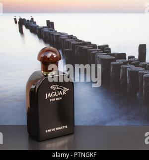 Jaguar for Men, Eau de toilette, un grand flacon de parfum en face de l'image d'un épi dans la mer Banque D'Images