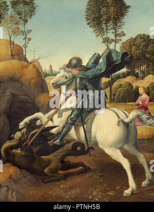 Saint George et le Dragon. Date/Période : Ca. 1506. La peinture. Huile sur panneau. Hauteur : 285 mm (11.22 in) ; Largeur : 215 mm (8,46 in). Auteur : Raphaël. Banque D'Images