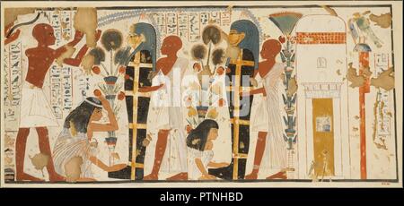 Purifier et pleurant les morts, Tombe de Nebamun et Ipuky. Artiste : Charles K. Wilkinson ca. L'année 1930. Dimensions : Télécopieur : H. 38,7 × 83,5 cm (15 W. 1/4 × 32 7/8 in.), échelle 1:1, Encadré : H. 40,3 × 85 cm (15 W. 7/8 × 33 7/16 po.). Dynastie DYNASTIE : 18. Règne : règne d'Amenhotep III-Akhenaton. Date : ca. 1390-1349 av. J.-C.. Ce fac-similé des copies de peinture partie d'une scène de funérailles dans la tombe de Nebamun et Ipuky (TT 181) à Thèbes. La scène représente les funérailles des deux hommes, qui est mort à différents moments. Musée : Metropolitan Museum of Art, New York, USA. Banque D'Images