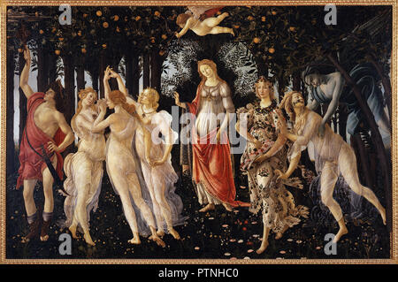 / La Primavera La Primavera (le Printemps). Date/Période : De 1482 jusqu'à 1485. Tempera sur panneau. Hauteur : 207 cm (81,4 in) ; Largeur : 319 cm (10.4 ft). Auteur : BOTTICELLI, SANDRO. SANDRO BOTTICELLI. Banque D'Images