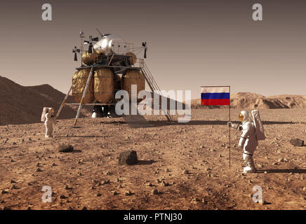 Les astronautes fixer un drapeau russe sur la planète Mars. 3D Illustration. Banque D'Images