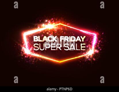 Super vente vendredi noir. Shining shopping signe sur fond abstrait rouge foncé. Carte de réduction en 80s style. Les ventes de Noël modèle de coupon. La célébration de l'illustration vectorielle. Illustration de Vecteur