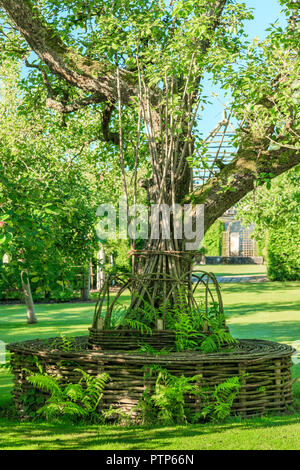 Orsan prieuré jardin, France : banc en branches de châtaigniers autour de l'arbre un poirier (mention obligatoire du nom du jardin et pas de publicité nous joindre Banque D'Images