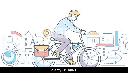 Randonnée à vélo - ligne colorée de style design vector illustration sur fond blanc. Une composition avec jeune homme, gestionnaire de la bicyclette dans la ville, goin Illustration de Vecteur